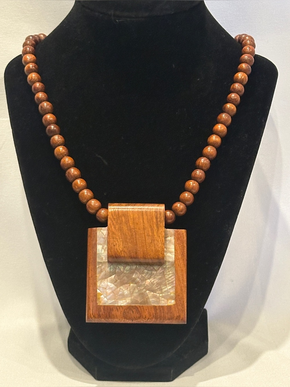 Wooden  style  Bead Pendant Necklace with Iridescent Inlay - Brown